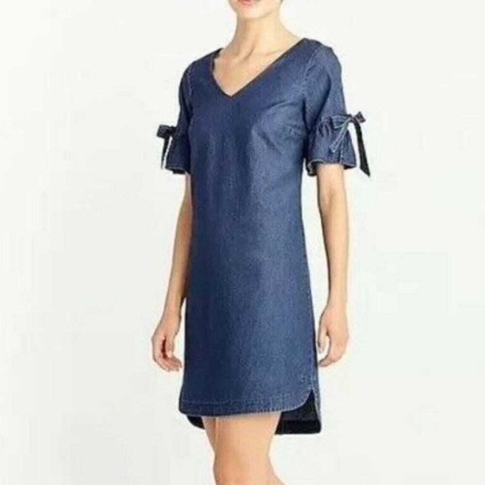 J. CREW Factory Chambray Denim Tie Bell Sleeve Dress